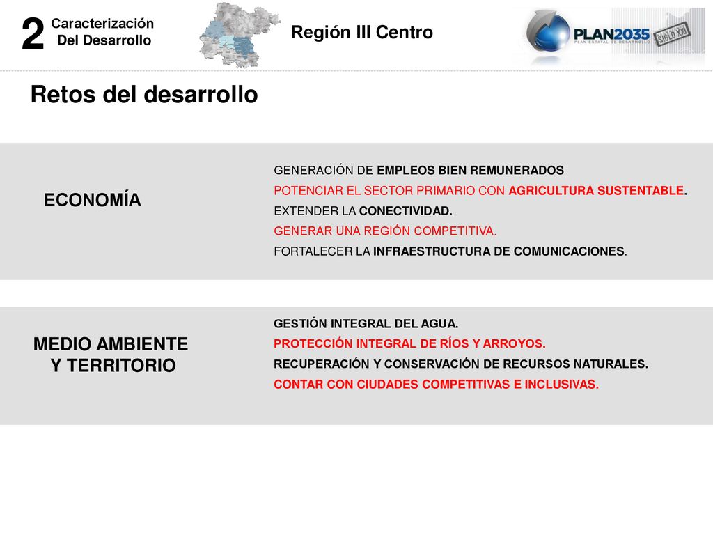 2 Retos del desarrollo Región III Centro ECONOMÍA MEDIO AMBIENTE