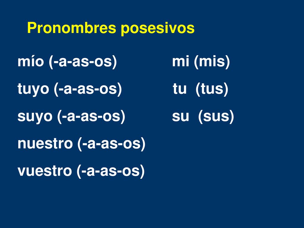 Pronombres posesivos mío (-a-as-os) mi (mis) tuyo (-a-as-os) tu (tus) suyo (-a-as-os) su (sus)