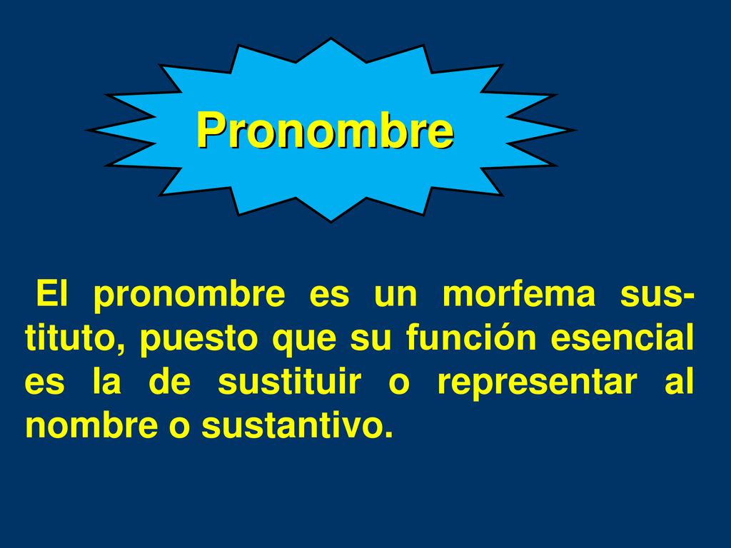 Pronombre El pronombre es un morfema sus-tituto, puesto que su función esencial es la de sustituir o representar al nombre o sustantivo.