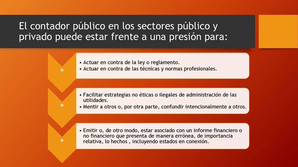 El contador público en los sectores público y privado puede estar frente a una presión para: