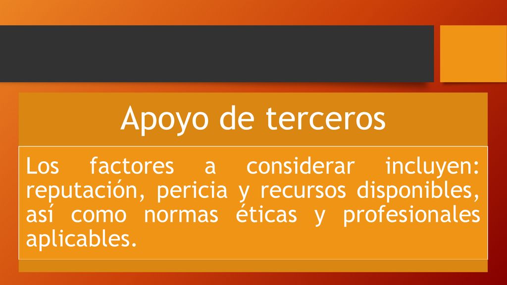 Apoyo de terceros Los factores a considerar incluyen: reputación, pericia y recursos disponibles, así como normas éticas y profesionales aplicables.