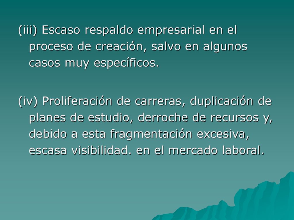 (iii) Escaso respaldo empresarial en el proceso de creación, salvo en algunos casos muy específicos.
