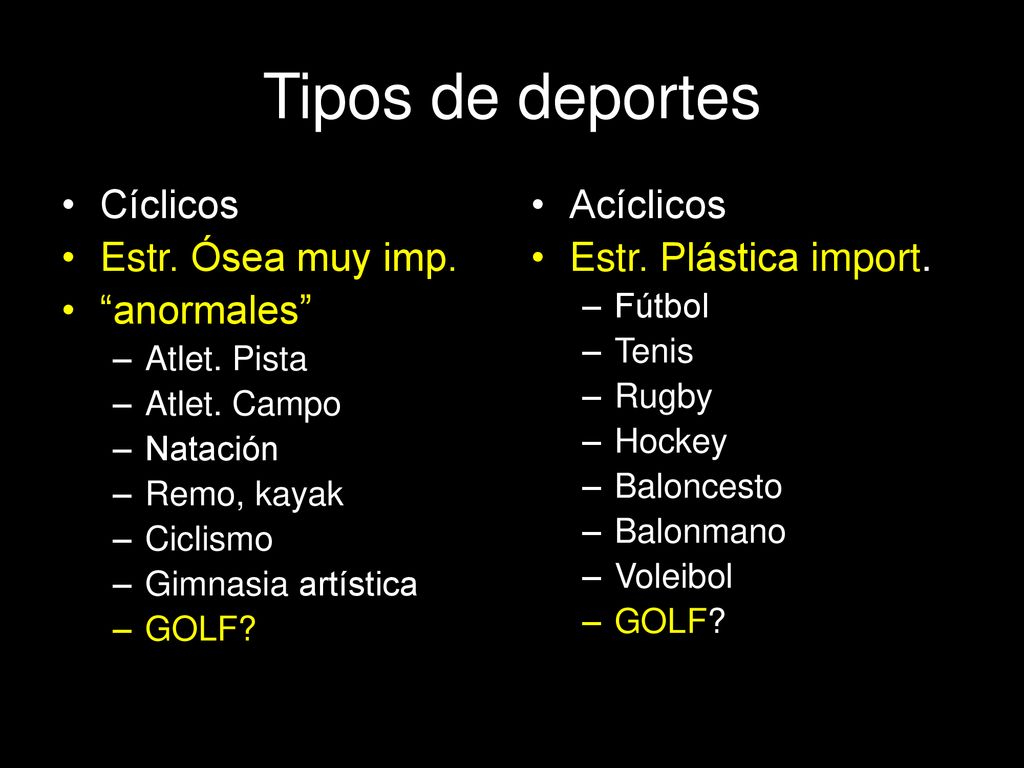 Tipos de deportes Cíclicos Estr. Ósea muy imp. anormales Acíclicos