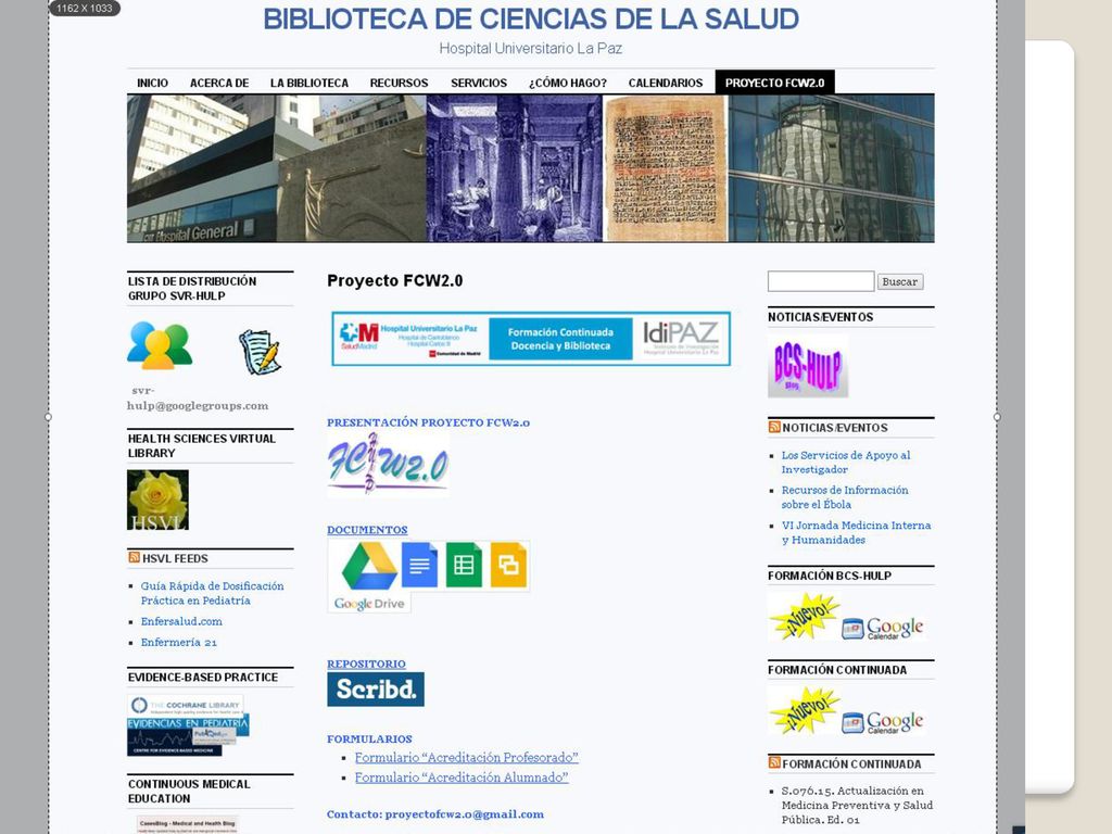 Página web implementada en el blog de la Biblioteca de Ciencias de la Salud del Hospital.