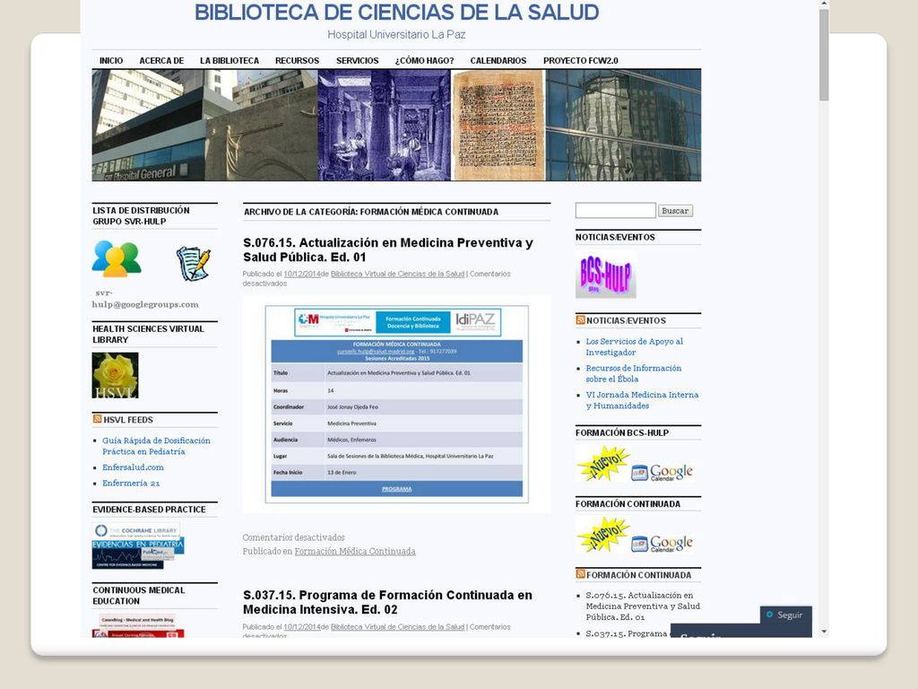 Haciendo clic en el widget Nuevo-Formación Continuada se presentan las fichas de los cursos/sesiones en el orden que se han cargado en el blog.