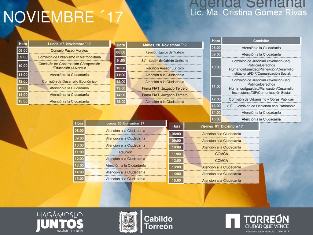 Agenda Semanal NOVIEMBRE ´17 Lic. Ma. Cristina Gómez Rivas Cabildo