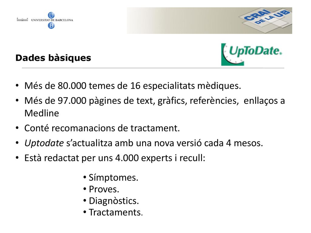 Dades bàsiques Més de temes de 16 especialitats mèdiques. Més de pàgines de text, gràfics, referències, enllaços a Medline.