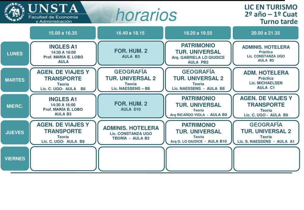 horarios LIC EN TURISMO 2º año – 1º Cuat Turno tarde INGLES A1