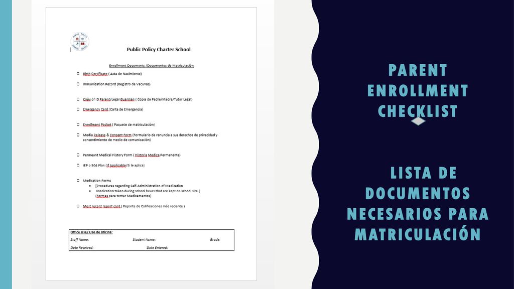 parent Enrollment Checklist Lista de documentos necesarios para matriculación