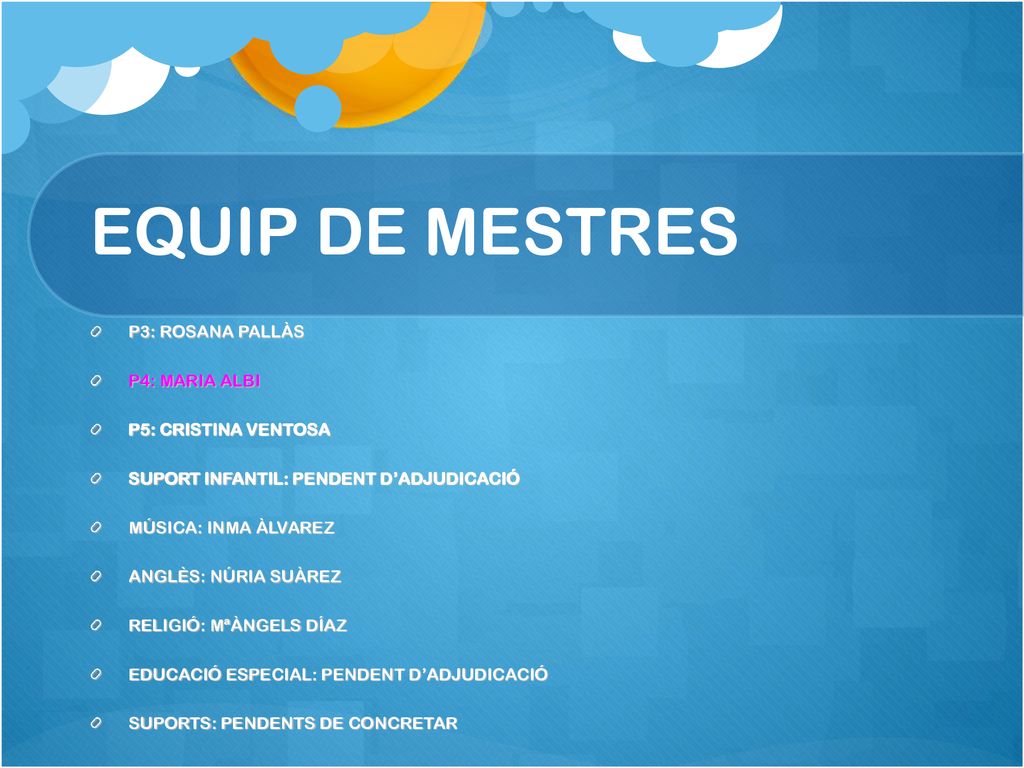 EQUIP DE MESTRES P3: ROSANA PALLÀS P4: MARIA ALBI P5: CRISTINA VENTOSA