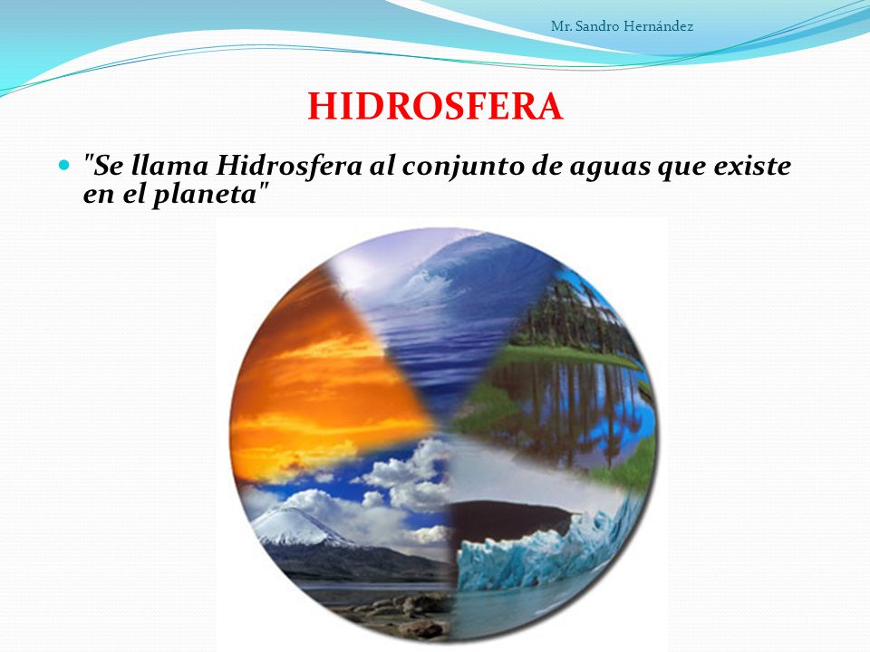 Mr. Sandro Hernández HIDROSFERA Se llama Hidrosfera al conjunto de aguas que existe en el planeta