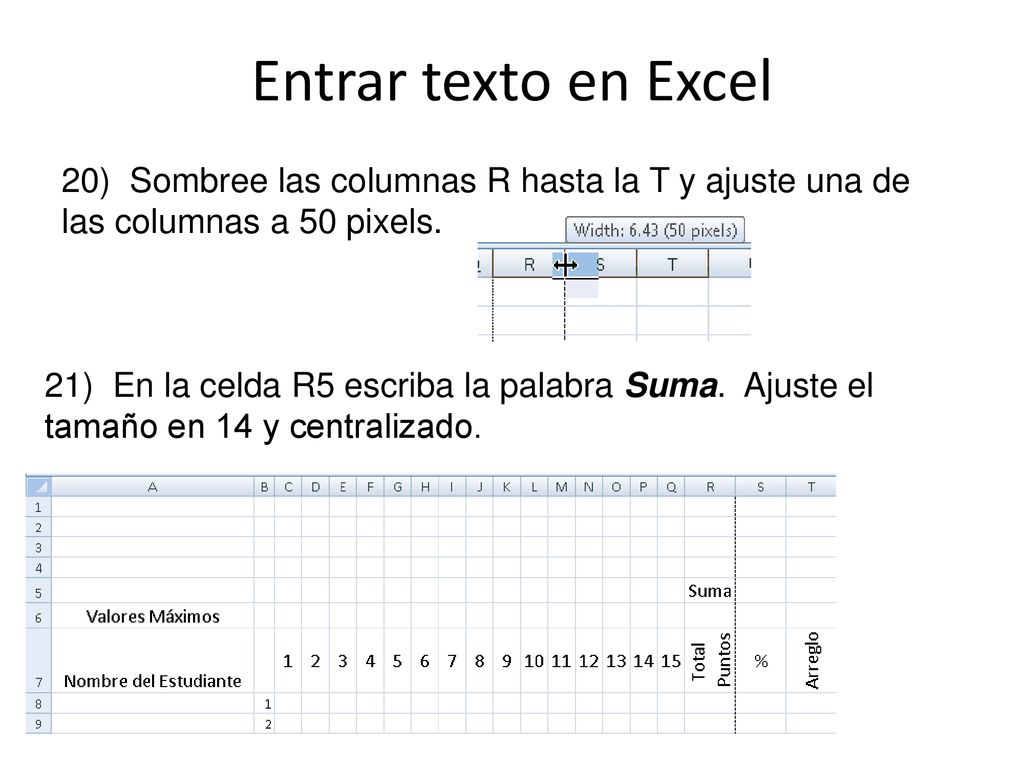 Entrar texto en Excel 20) Sombree las columnas R hasta la T y ajuste una de las columnas a 50 pixels.