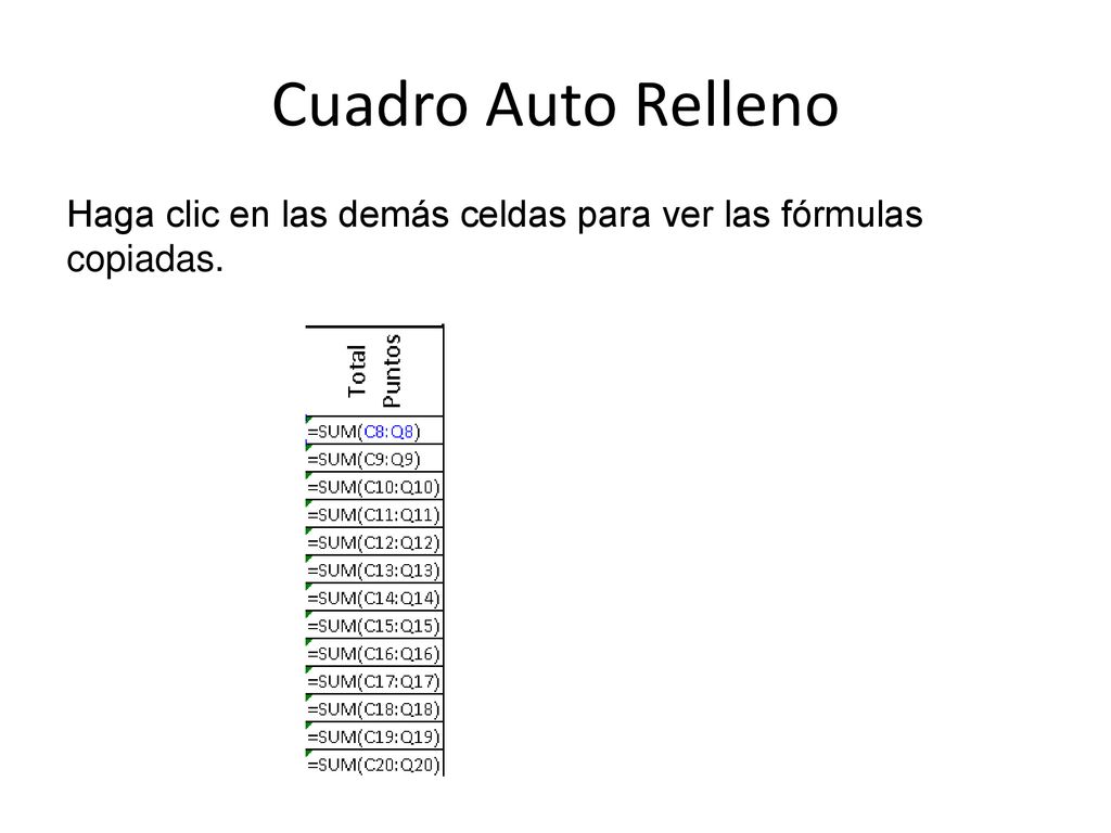 Cuadro Auto Relleno Haga clic en las demás celdas para ver las fórmulas copiadas.