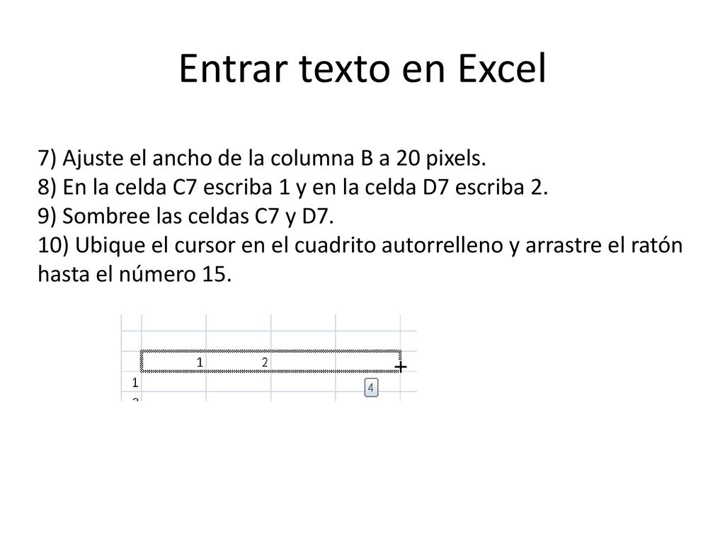 Entrar texto en Excel 7) Ajuste el ancho de la columna B a 20 pixels.