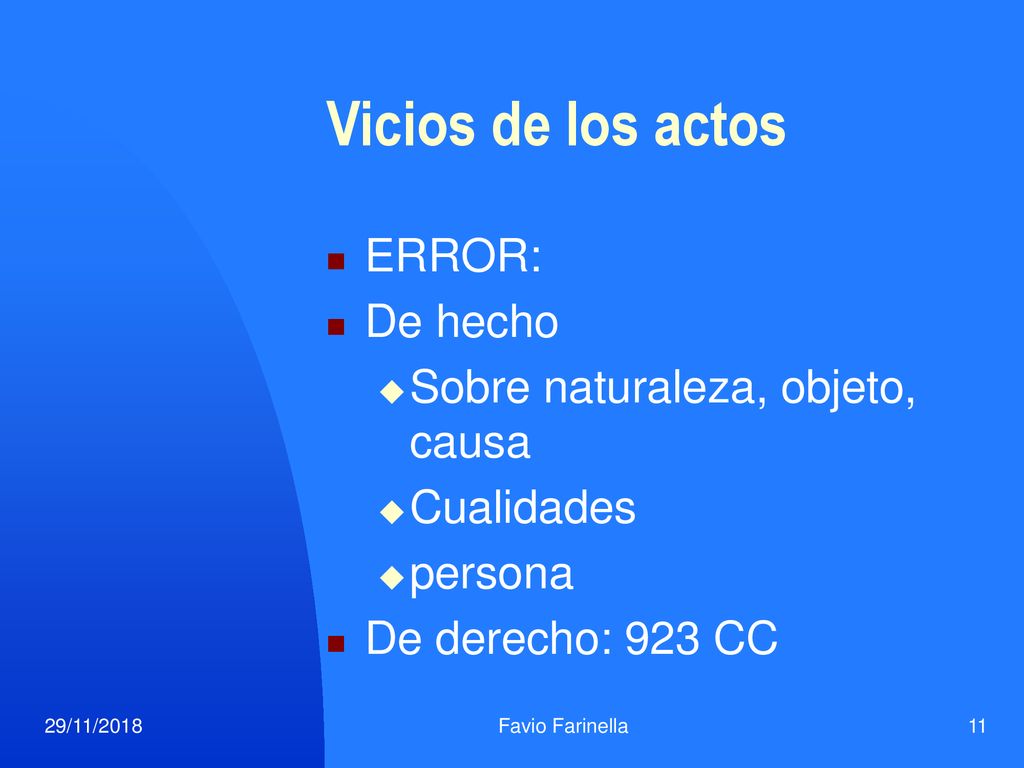 Vicios de los actos ERROR: De hecho Sobre naturaleza, objeto, causa