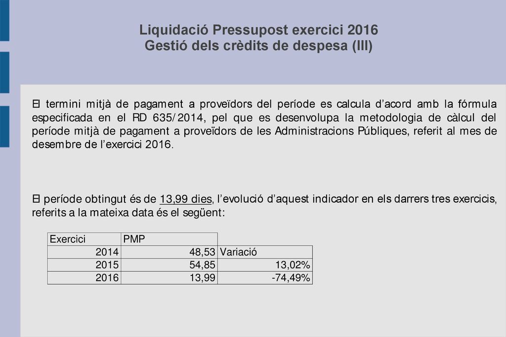 Liquidació Pressupost exercici 2016 Gestió dels crèdits de despesa (III)
