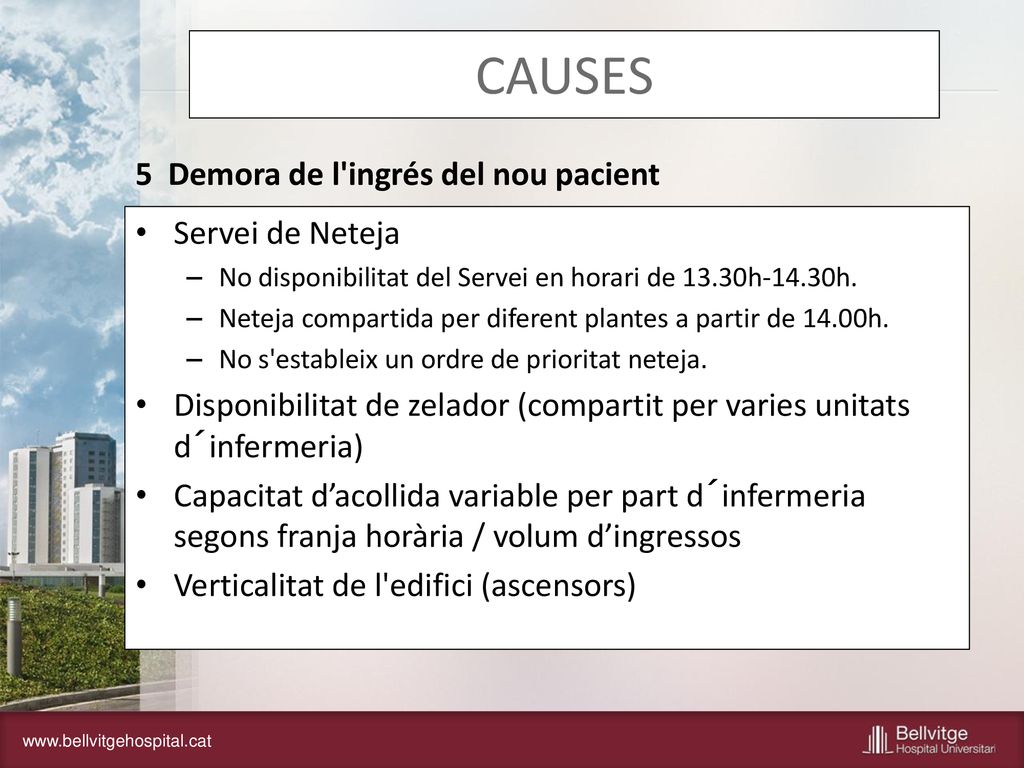 CAUSES 5 Demora de l ingrés del nou pacient Servei de Neteja