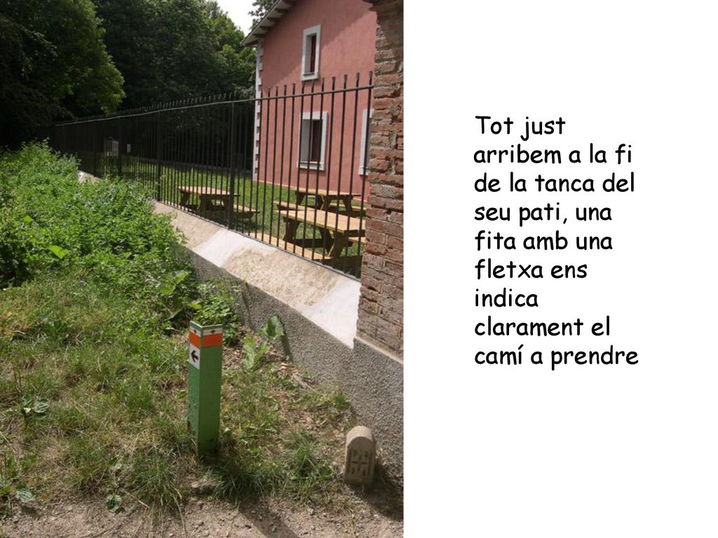 Tot just arribem a la fi de la tanca del seu pati, una fita amb una fletxa ens indica clarament el camí a prendre