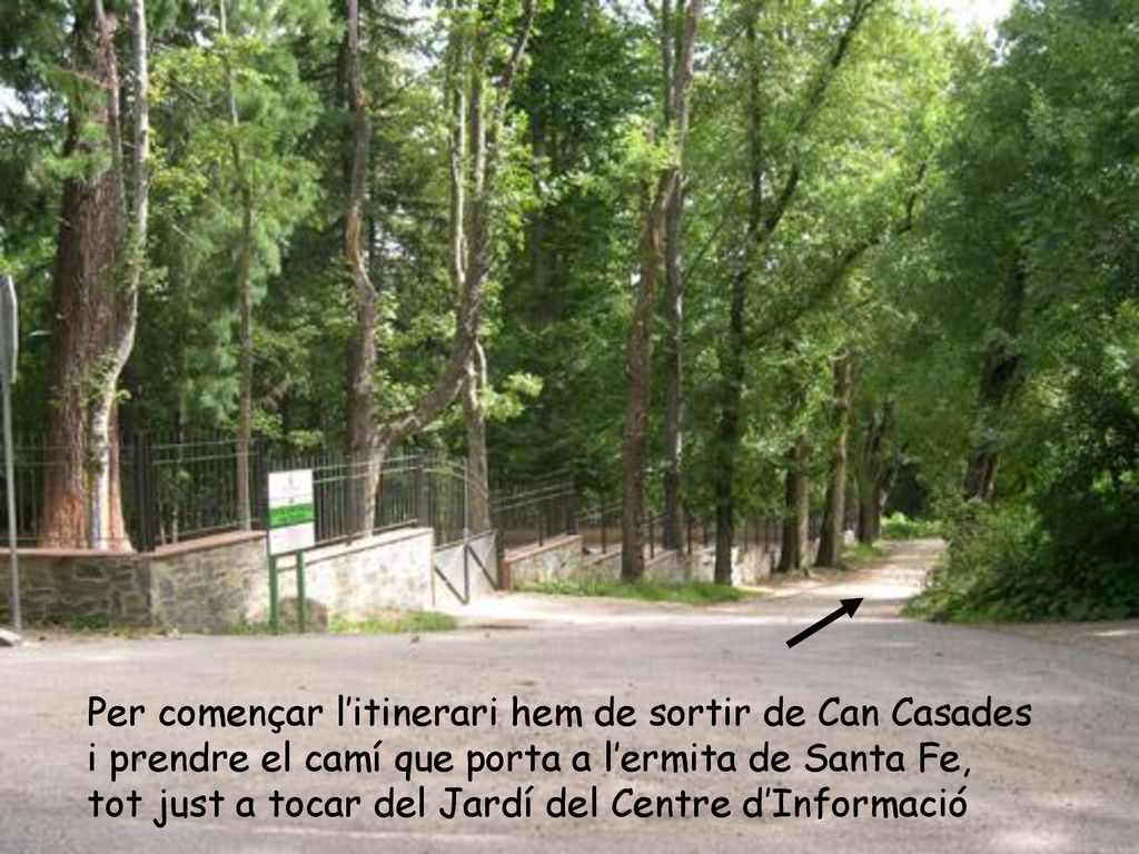 Per començar l’itinerari hem de sortir de Can Casades i prendre el camí que porta a l’ermita de Santa Fe, tot just a tocar del Jardí del Centre d’Informació