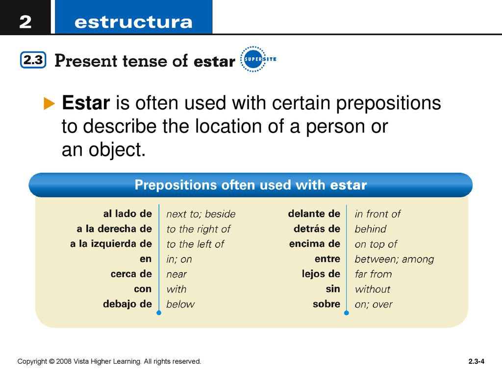 Estar is often used with certain prepositions to describe the location of a person or an object.