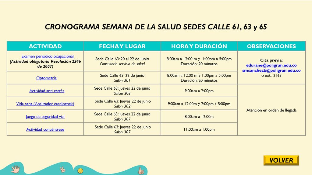 CRONOGRAMA SEMANA DE LA SALUD SEDES CALLE 61, 63 y 65