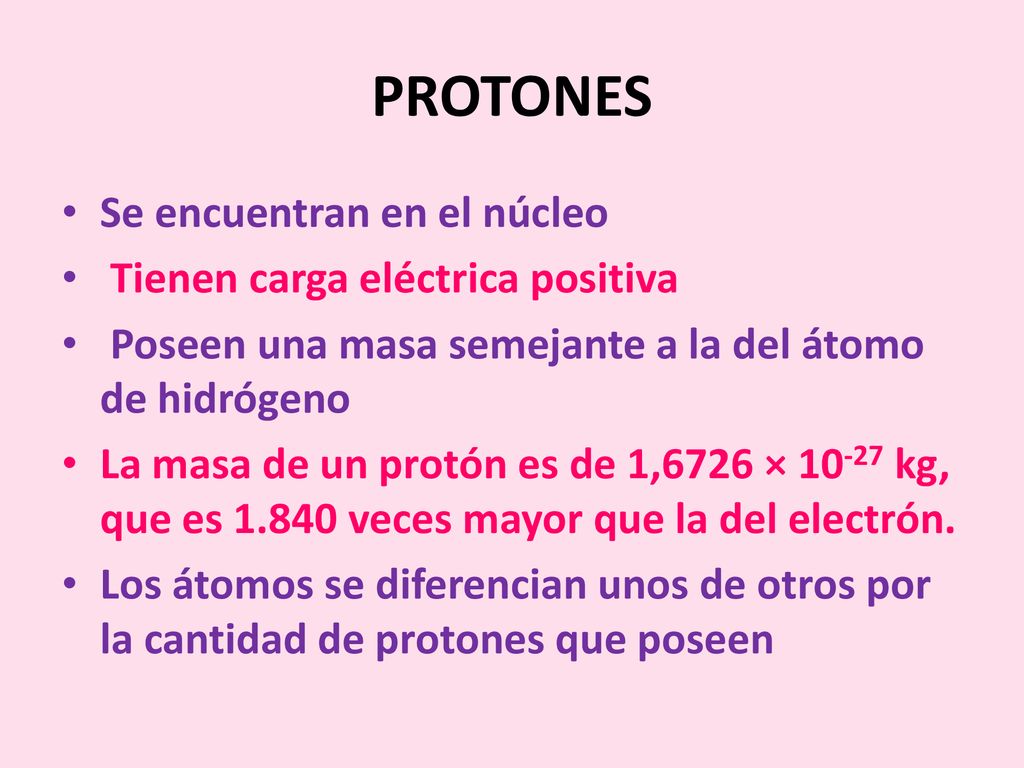 PROTONES Se encuentran en el núcleo Tienen carga eléctrica positiva