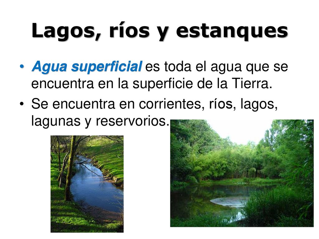 Lagos, ríos y estanques Agua superficial es toda el agua que se encuentra en la superficie de la Tierra.