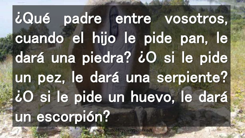 ¿Qué padre entre vosotros, cuando el hijo le pide pan, le dará una piedra ¿O si le pide un pez, le dará una serpiente ¿O si le pide un huevo, le dará un escorpión