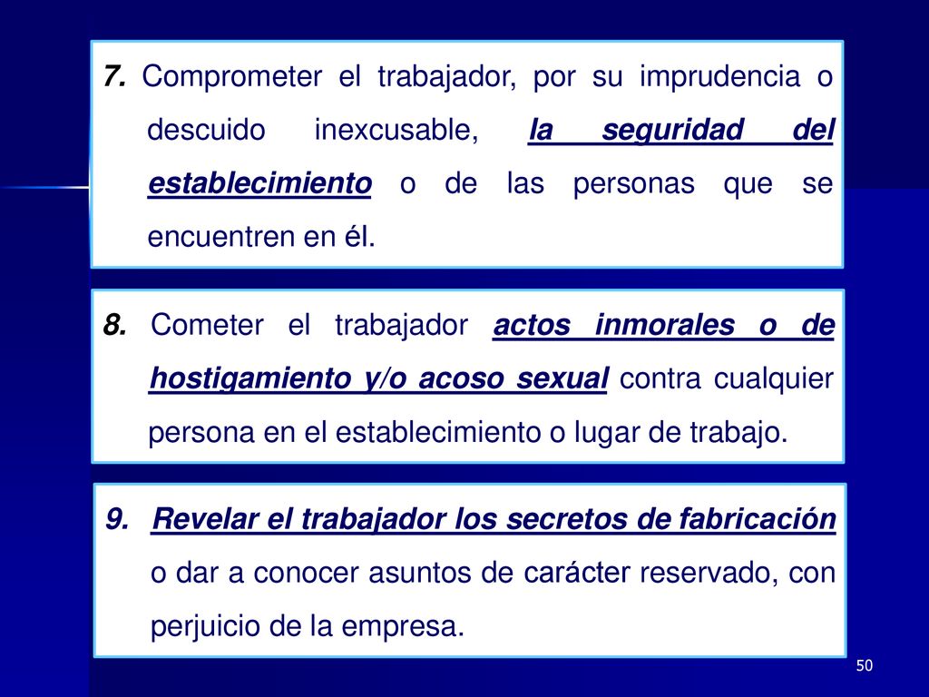 7. Comprometer el trabajador, por su imprudencia o descuido inexcusable, la seguridad del establecimiento o de las personas que se encuentren en él.