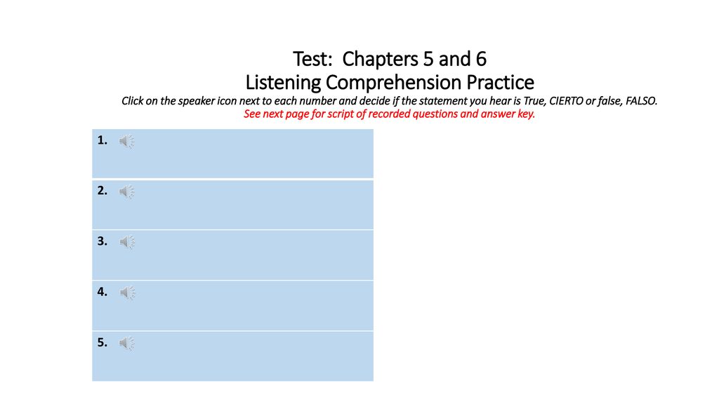 Test: Chapters 5 and 6 Listening Comprehension Practice Click on the speaker icon next to each number and decide if the statement you hear is True, CIERTO or false, FALSO. See next page for script of recorded questions and answer key.