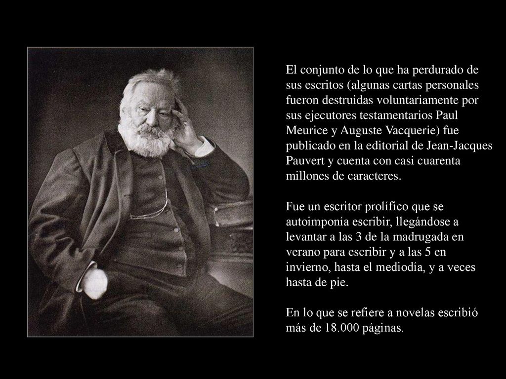 El conjunto de lo que ha perdurado de sus escritos (algunas cartas personales fueron destruidas voluntariamente por sus ejecutores testamentarios Paul Meurice y Auguste Vacquerie) fue publicado en la editorial de Jean-Jacques Pauvert y cuenta con casi cuarenta millones de caracteres.