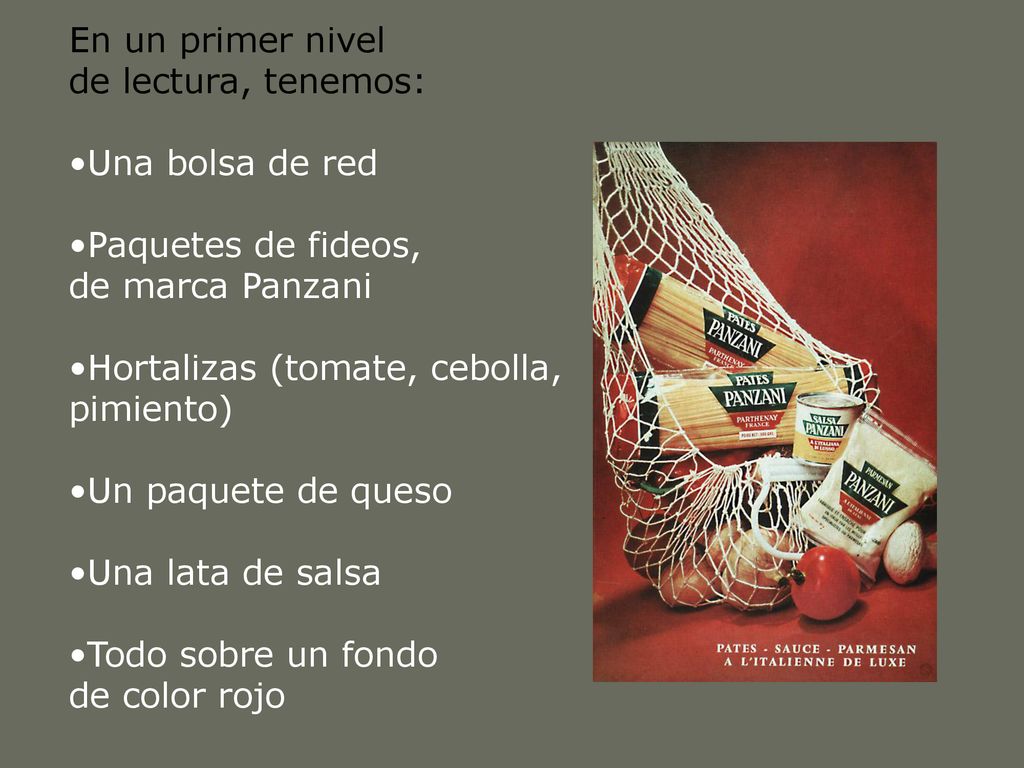 En un primer nivel de lectura, tenemos: Una bolsa de red. Paquetes de fideos, de marca Panzani. Hortalizas (tomate, cebolla,