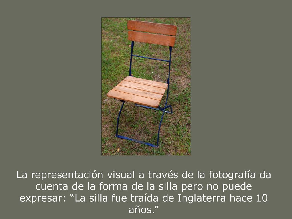 La representación visual a través de la fotografía da cuenta de la forma de la silla pero no puede expresar: La silla fue traída de Inglaterra hace 10 años.