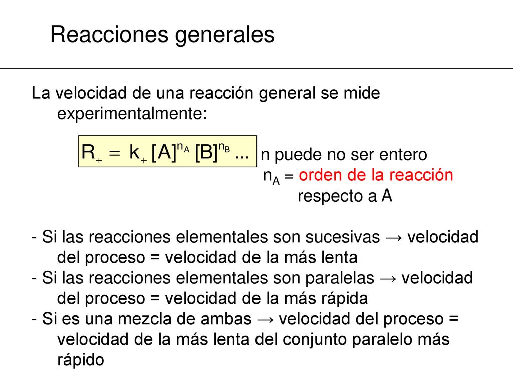 Reacciones generales La velocidad de una reacción general se mide experimentalmente: n puede no ser entero.