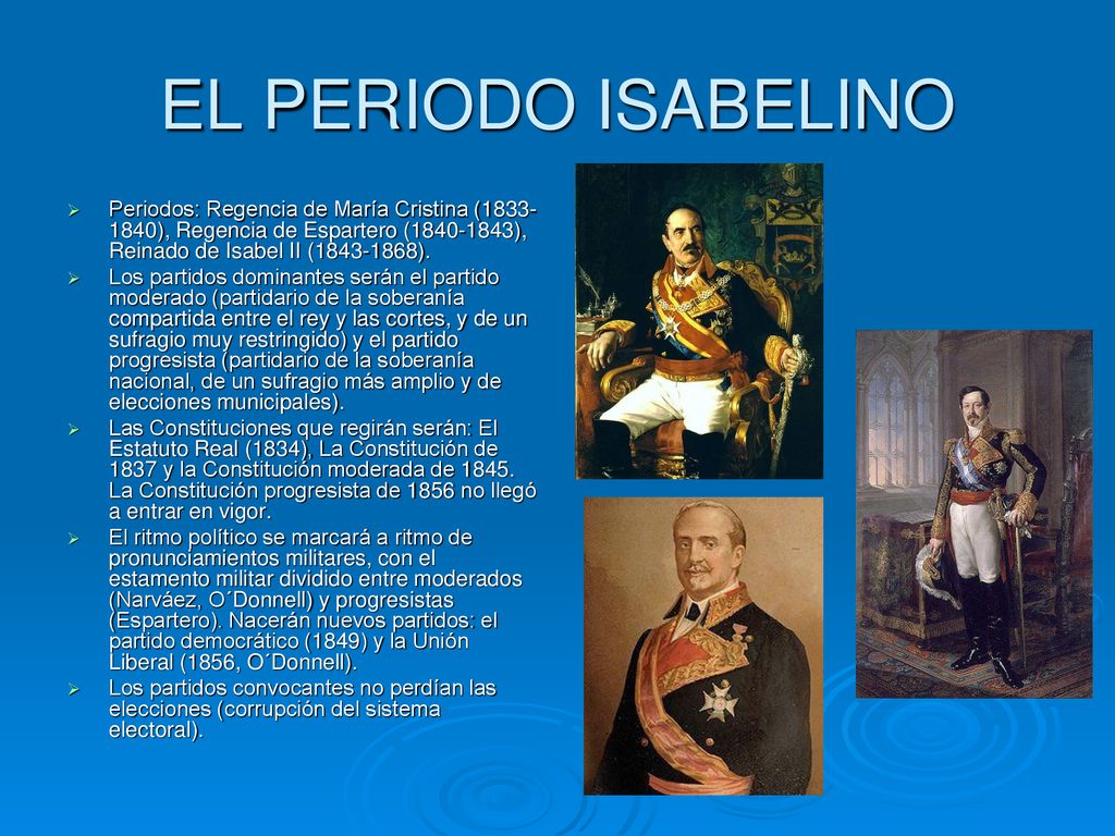 EL PERIODO ISABELINO Periodos: Regencia de María Cristina ( ), Regencia de Espartero ( ), Reinado de Isabel II ( ).