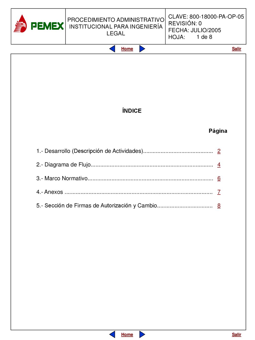 1 de 8 ÍNDICE. Página. 1.- Desarrollo (Descripción de Actividades)
