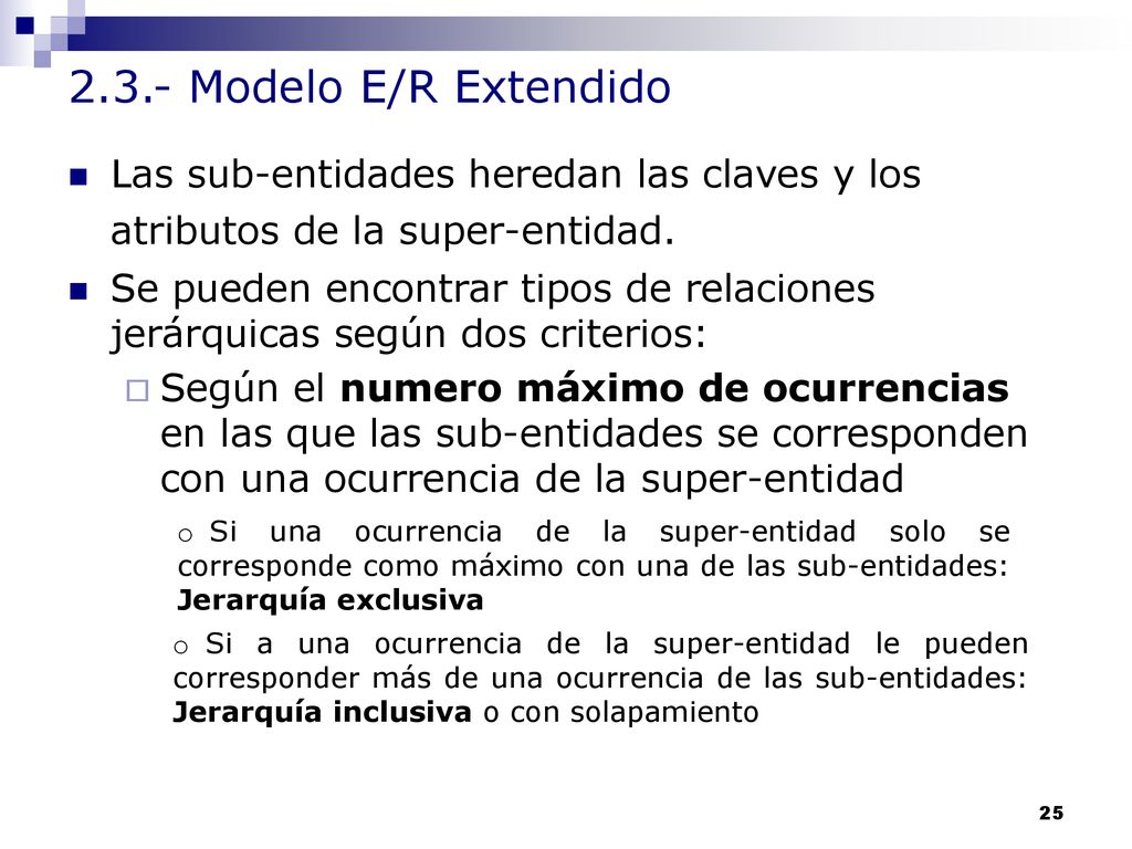 2.3.- Modelo E/R Extendido Las sub-entidades heredan las claves y los atributos de la super-entidad.