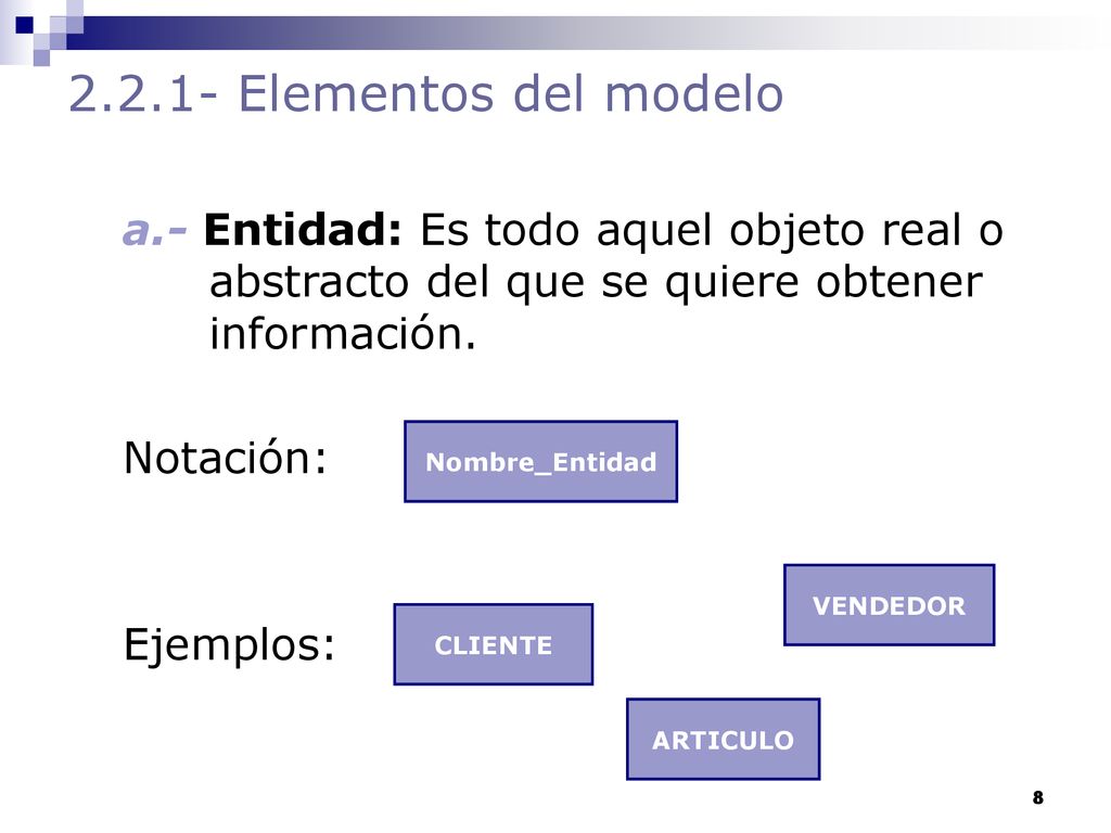 Elementos del modelo a.- Entidad: Es todo aquel objeto real o abstracto del que se quiere obtener información.