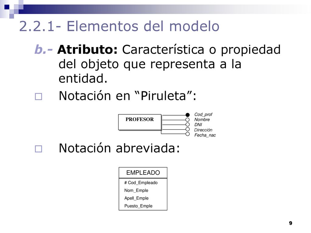 Elementos del modelo b.- Atributo: Característica o propiedad del objeto que representa a la entidad.