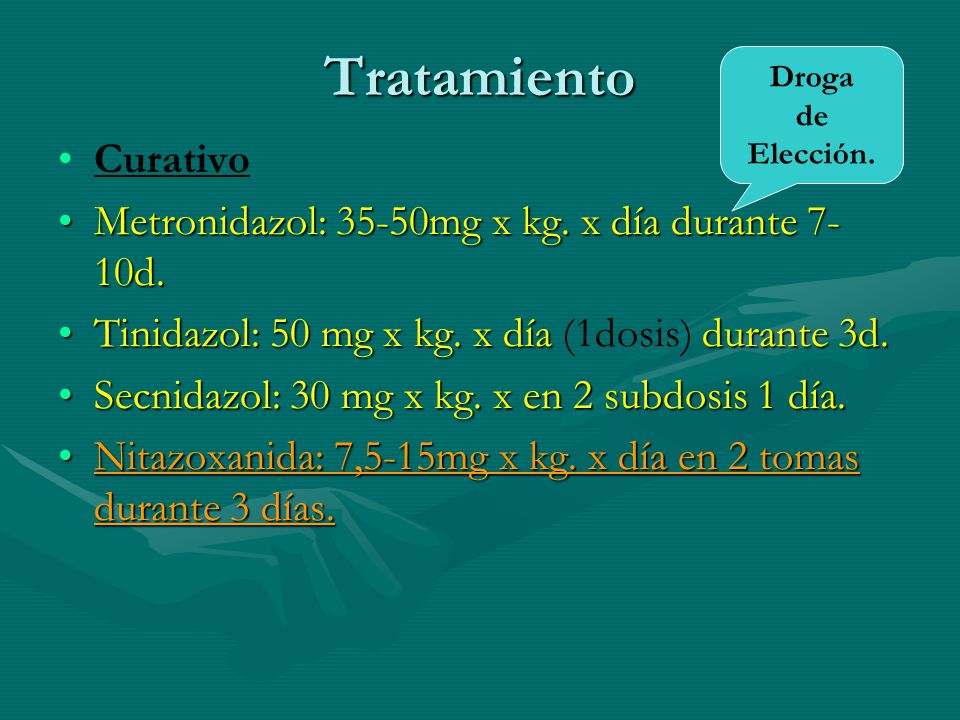 Tratamiento Curativo Metronidazol: 35-50mg x kg. x día durante 7-10d.