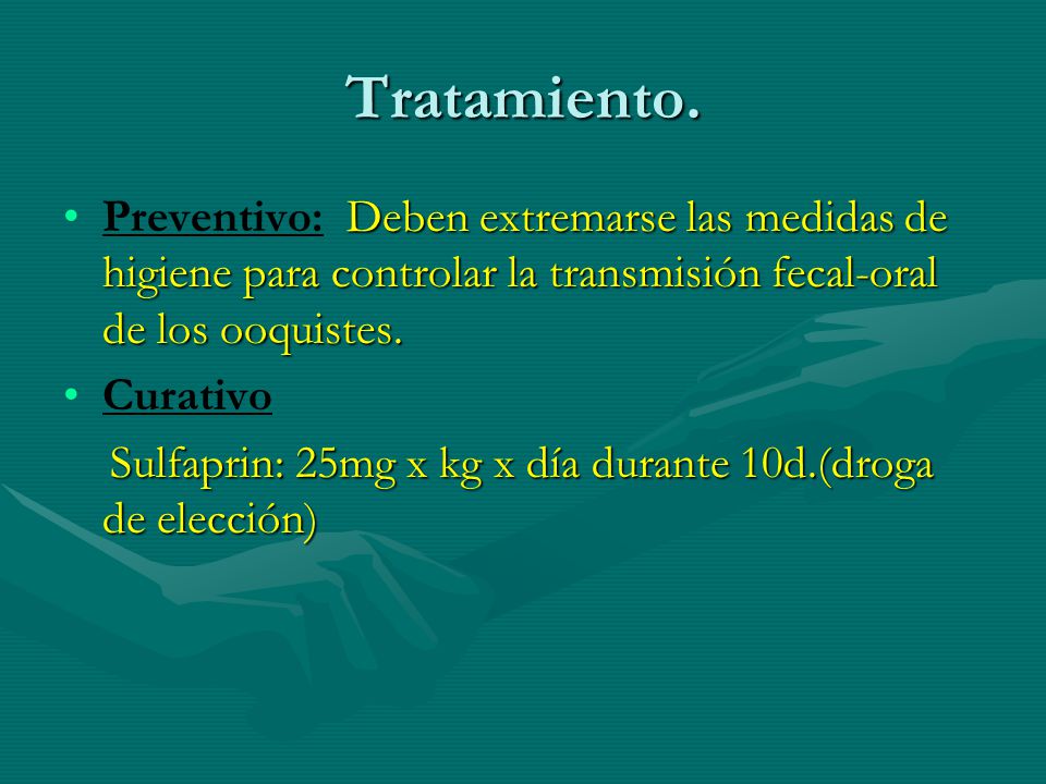 Tratamiento. Preventivo: Deben extremarse las medidas de higiene para controlar la transmisión fecal-oral de los ooquistes.