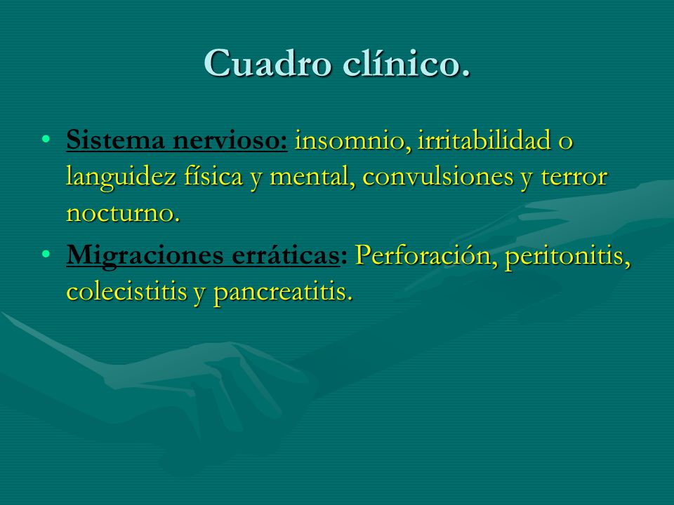 Cuadro clínico. Sistema nervioso: insomnio, irritabilidad o languidez física y mental, convulsiones y terror nocturno.