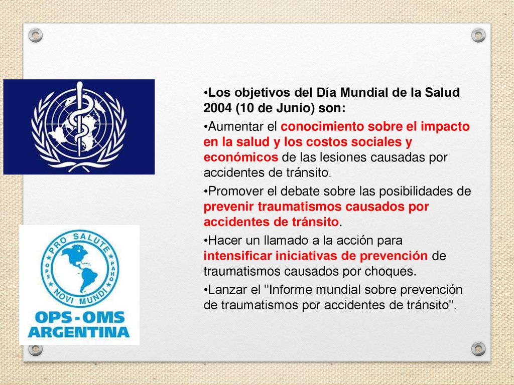 Los objetivos del Día Mundial de la Salud 2004 (10 de Junio) son: