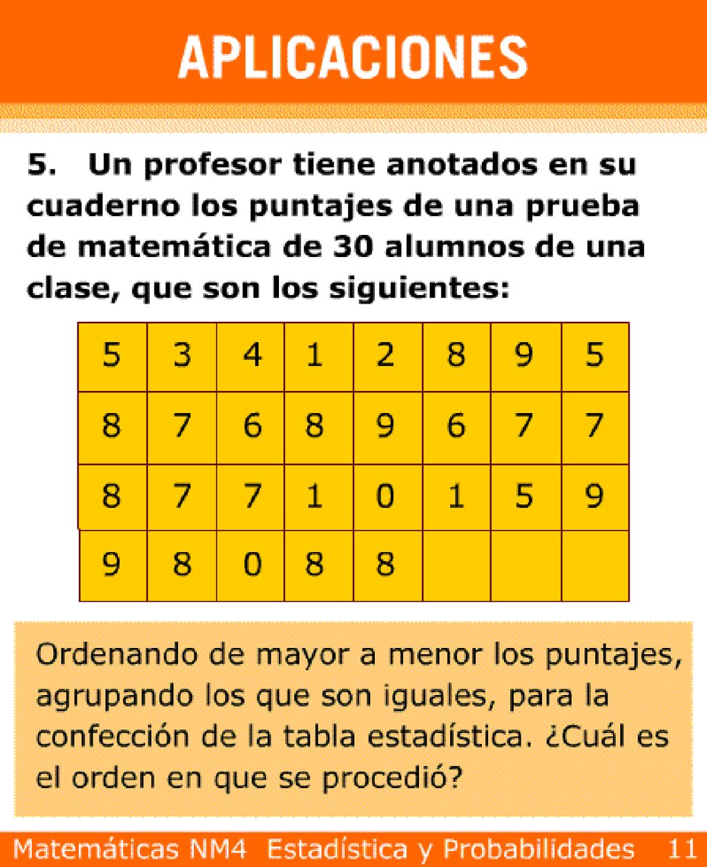 Respuestas: 5.- Procedimiento: 1. Recogida de datos. 2. Ordenación de los datos. 3. Recuento de frecuencias.