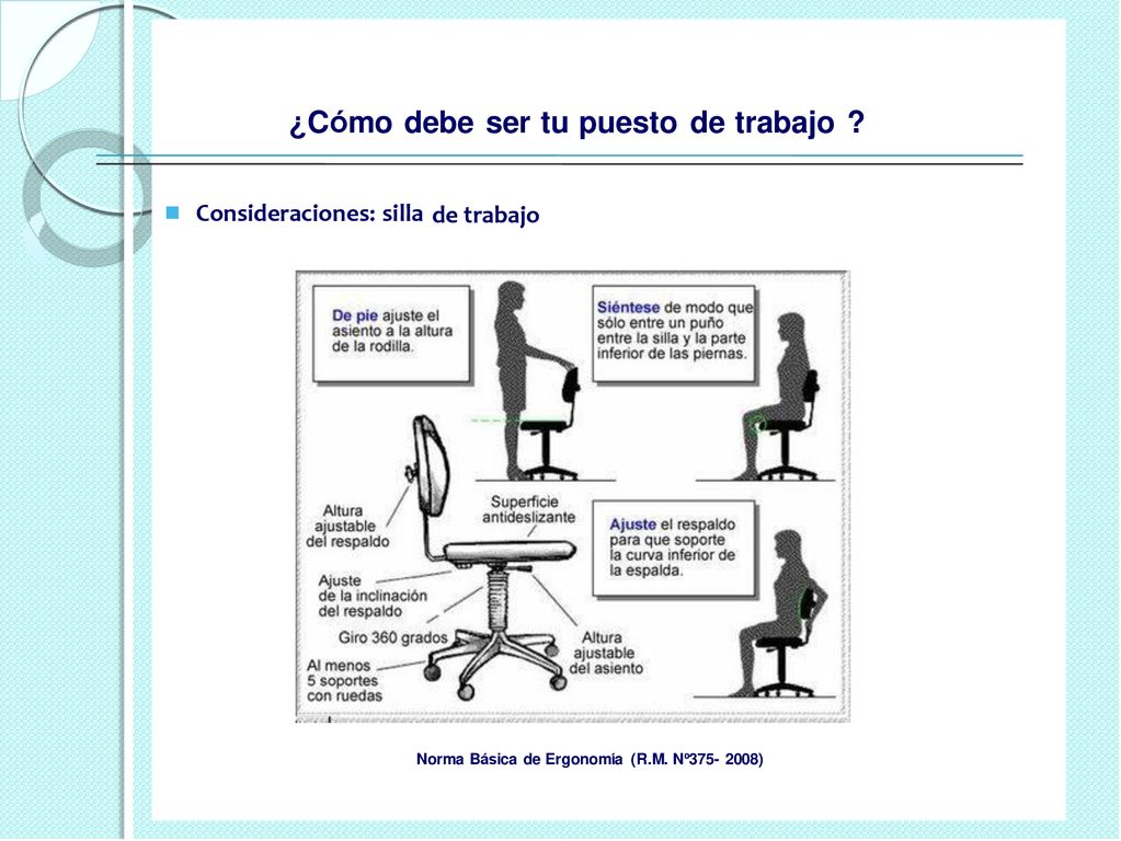 de trabajo  Consideraciones: silla ¿Cómo debe ser tu puesto de