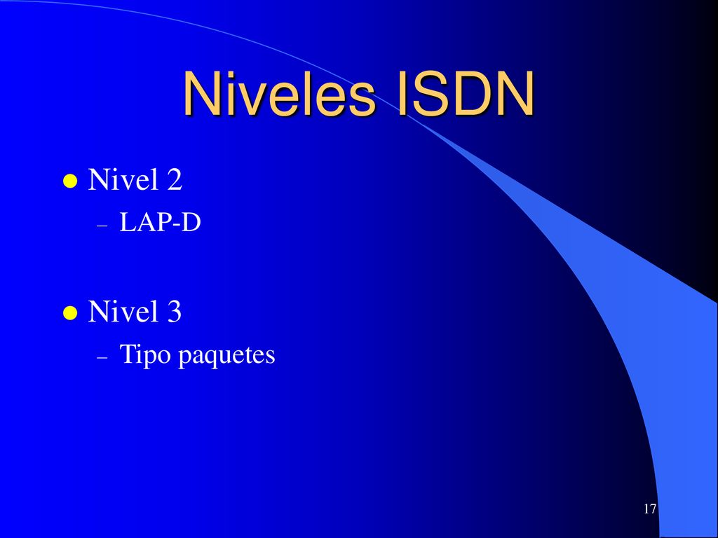 Niveles ISDN Nivel 2 LAP-D Nivel 3 Tipo paquetes 17 17