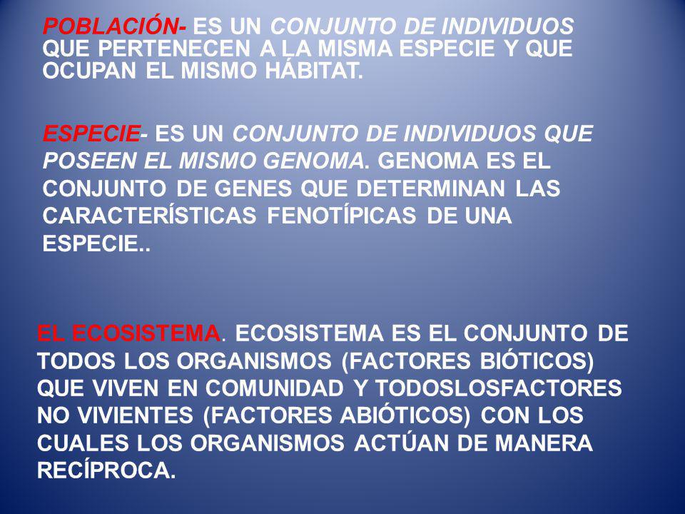 POBLACIÓN- ES UN CONJUNTO DE INDIVIDUOS QUE PERTENECEN A LA MISMA ESPECIE Y QUE OCUPAN EL MISMO HÁBITAT.