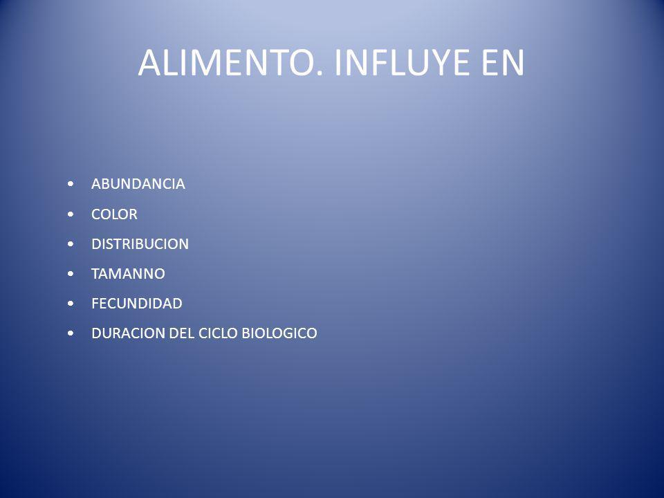 ALIMENTO. INFLUYE EN ABUNDANCIA COLOR DISTRIBUCION TAMANNO FECUNDIDAD