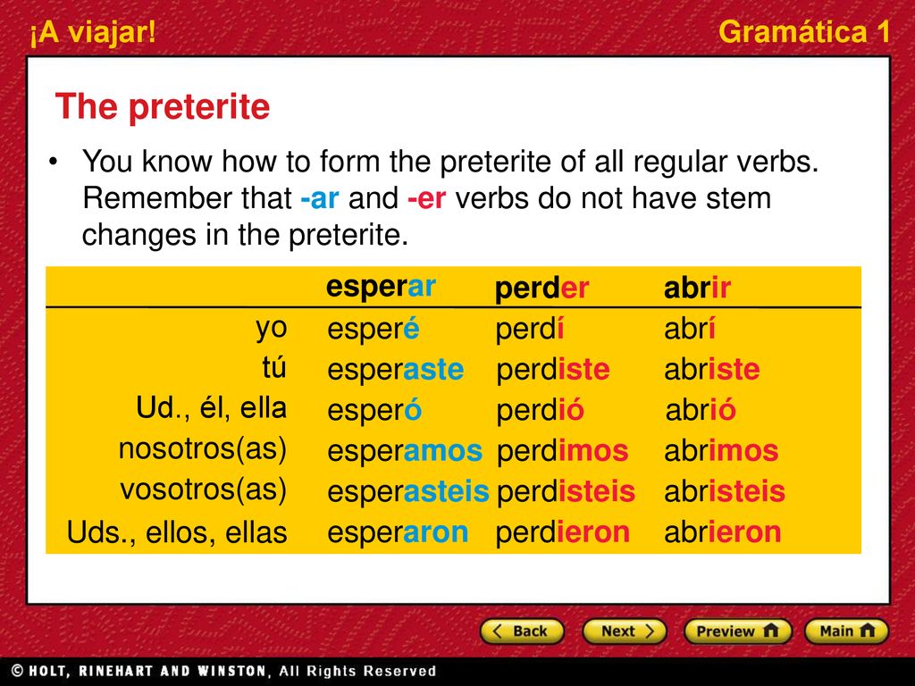 The preterite You know how to form the preterite of all regular verbs. Remember that -ar and -er verbs do not have stem changes in the preterite.