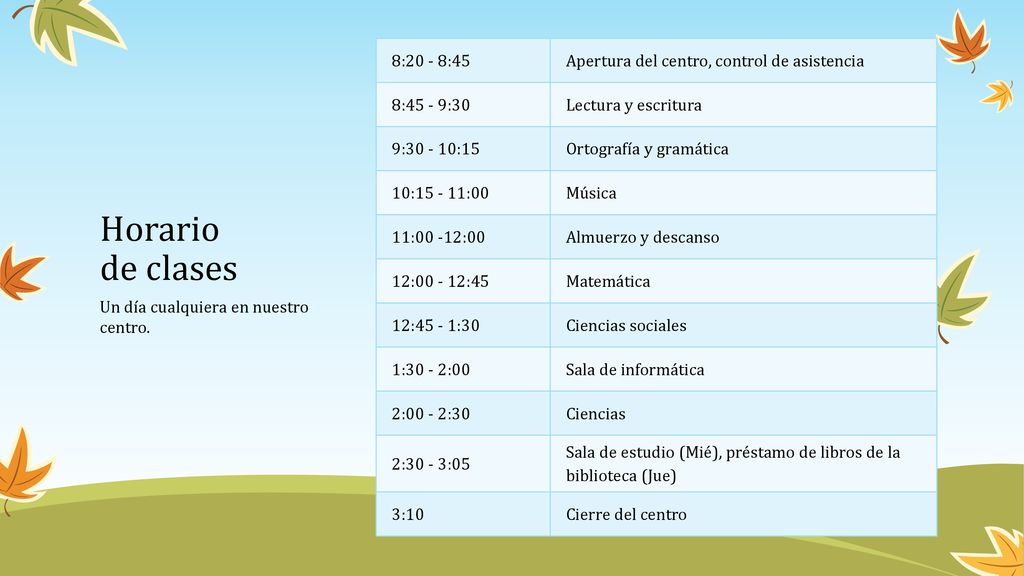 8:20 - 8:45 Apertura del centro, control de asistencia. 8:45 - 9:30. Lectura y escritura. 9: :15.